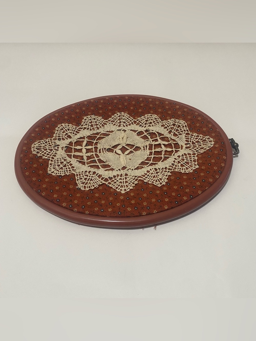Vintage Oval Hoop Framed Lace Doily Primitive Country Farmhouse Wall Art